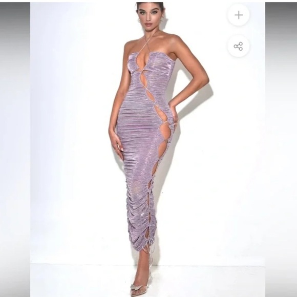 NWT Miss Circle PARRIS LAVENDER METALLIC CUTOUT RUCHED CHIFFON MAXI DRESS - Picture 1 of 11